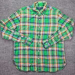 Polo Ralph Lauren Shirt Men Large Classic Fit 100% Linen Green Plaid Button Down